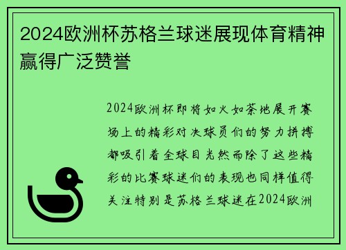 2024欧洲杯苏格兰球迷展现体育精神赢得广泛赞誉