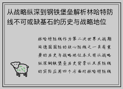 从战略纵深到钢铁堡垒解析林哈特防线不可或缺基石的历史与战略地位 从战略纵深到钢铁堡垒解析林哈特防线不可或缺基石的历史与战略地位